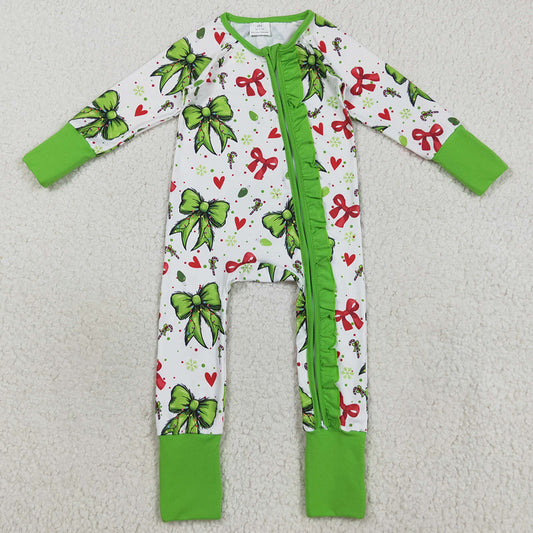 Baby Girls Rompers Green Red Bows Hearts Christmas Ruffle Zipper Footie Rompers LR2482 8.9