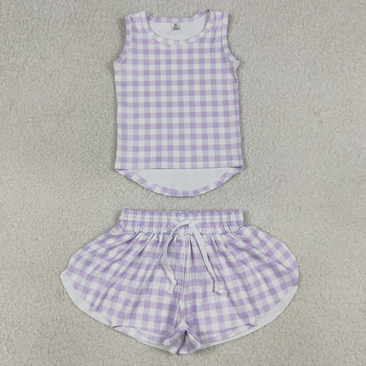 Baby Girls Clothes Lavender Checked Vests Top Butterfly Short Yoga Active Clothes Sets GSSO3477