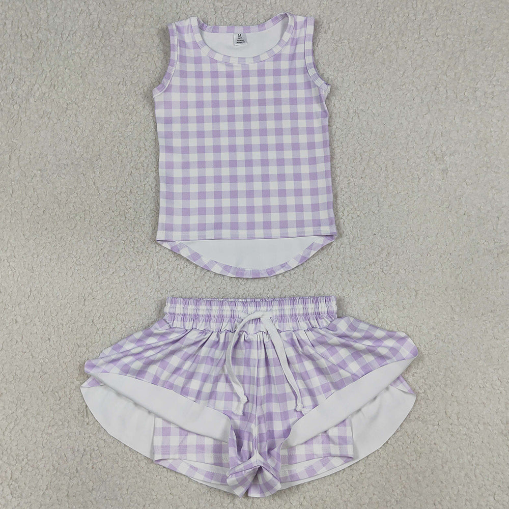 Baby Girls Clothes Lavender Checked Vests Top Butterfly Short Yoga Active Clothes Sets GSSO3477