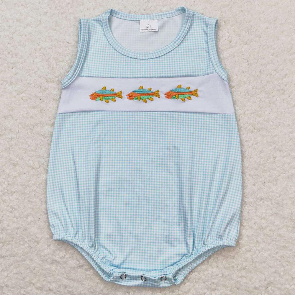 Baby Boys Romper Blue Checkered Fishes Sleeveless Rompers SR1265