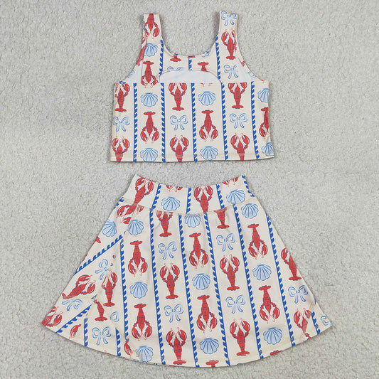 Baby Girls Clothes Bows Crayfishes Stripe Vest Top Skirt Short Yoga Active Clothes Sets GSD3626