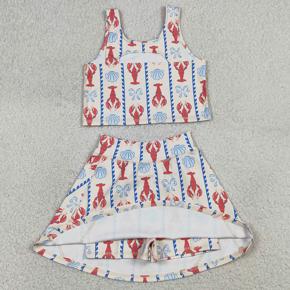 Baby Girls Clothes Bows Crayfishes Stripe Vest Top Skirt Short Yoga Active Clothes Sets GSD3626