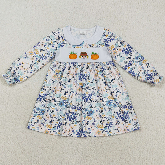 Baby Girls Dress Long Sleeves Floral Pumpkins Embroidery Knee Length Dress GLD1071 8.16