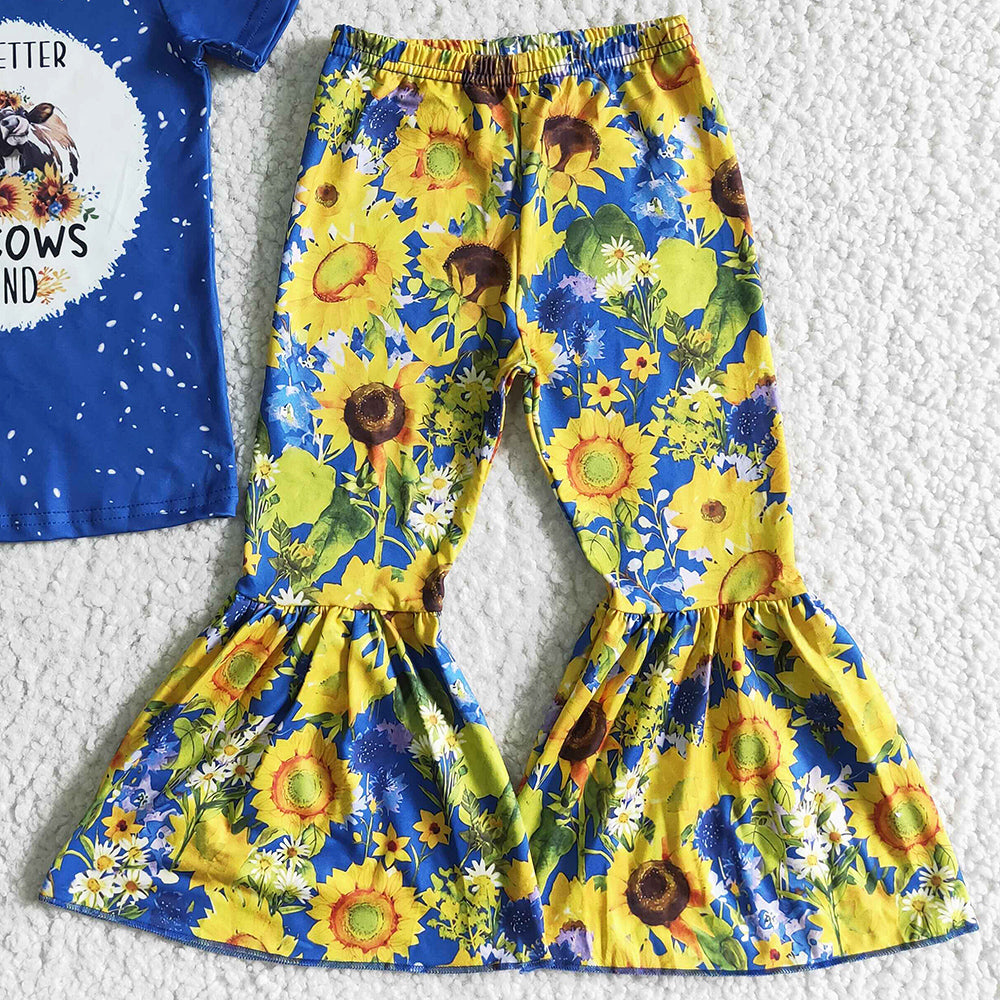 Hot Sale Baby Girls Clothes Bell Bottom Outfits Cow Print Fashion Girls Sunflower Set GSPO0071