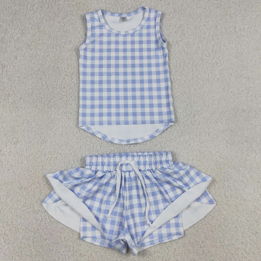 Baby Girls Clothes Blue Checked Vests Top Butterfly Short Yoga Active Clothes Sets GSSO3479