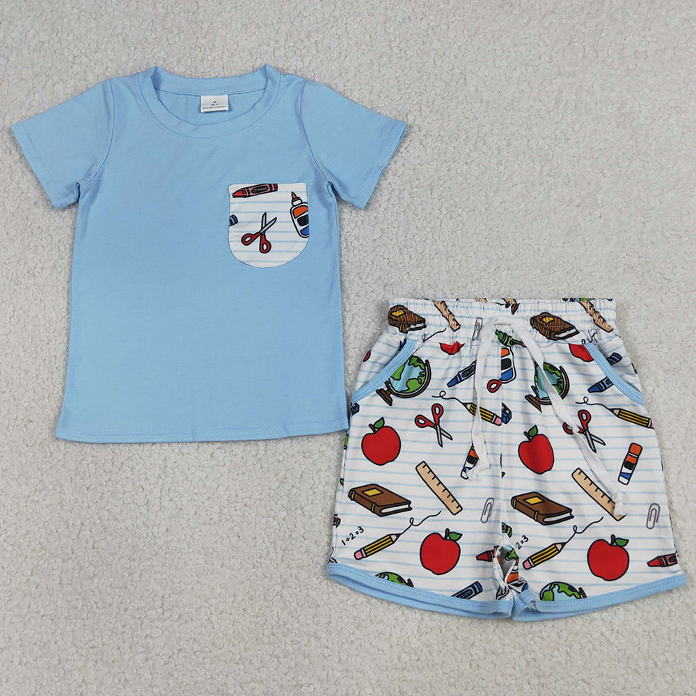 Baby Boys Clothes Apples Pencils Top Pockets Shorts Back to School Clothes Sets BSSO1921