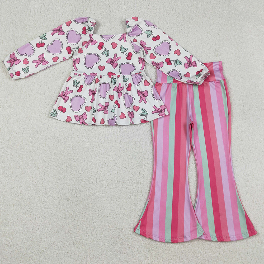 Baby Girls Clothes Colorful Hearts Tunic Stripe Bell Bottom Pant Valentines Clothes Sets GLP3119 12.10