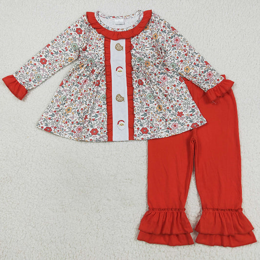 Baby Girls Clothes Red Floral Embroidery Santa Cookie Tunic Tops Ruffle Pants Christmas Set GLP2365 8.13
