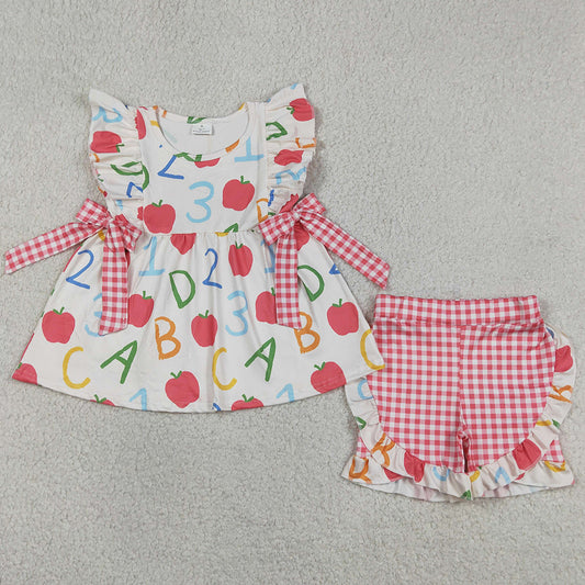 Baby Girls Clothes Apples ABC Tunic Checked Ruffle Shorts Back to School Sets GSSO3258