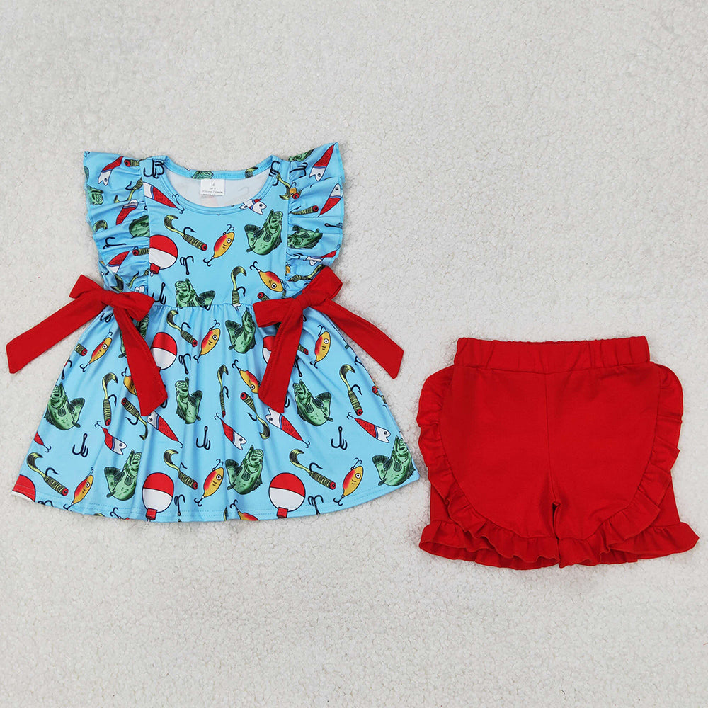 Baby Girls Clothes Fishing Float Bows Tunic Top Ruffle Shorts Sets GSSO2097
