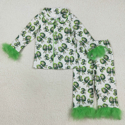 Baby Girls Pajamas Fur Sleeves Green Bows Plaid Button Top Pant Christmas Pajamas Set GLP2582 8.13