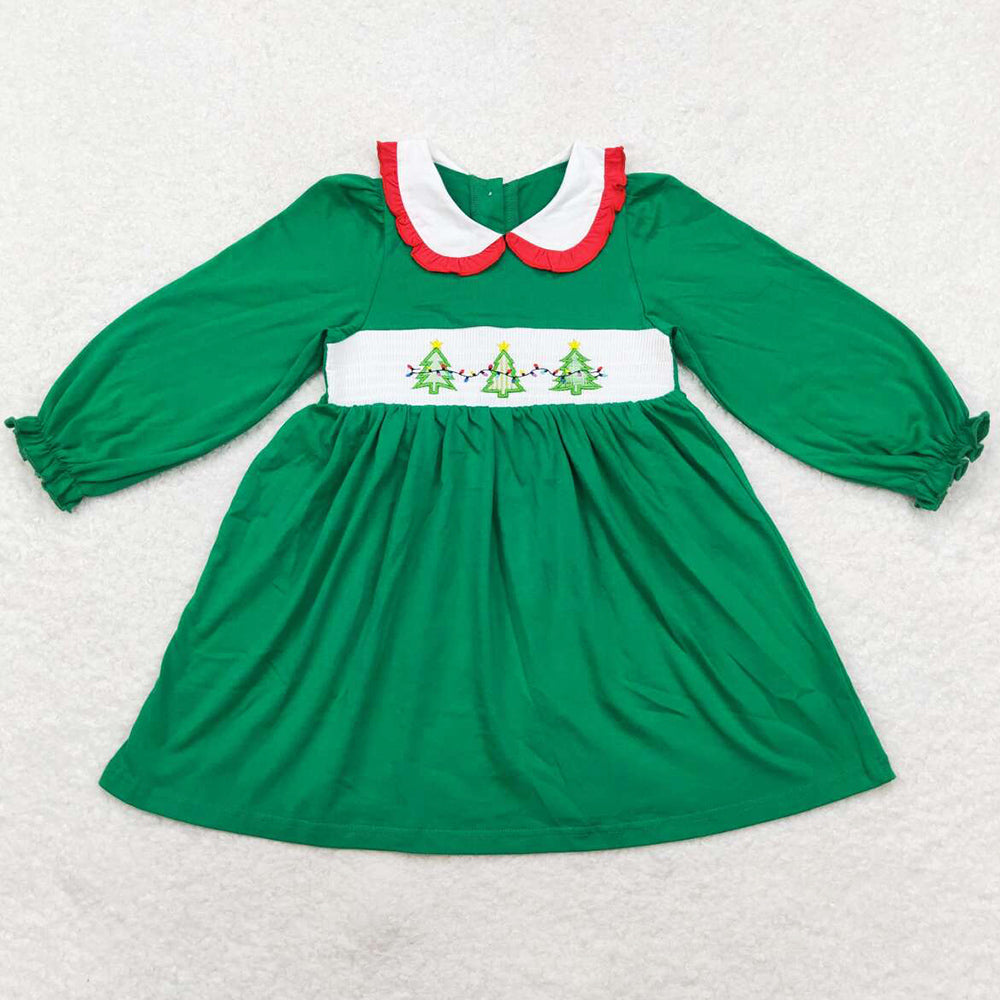 Baby Girls Dress Christmas Tree Green Knee Length Smocked Dresses GLD0559