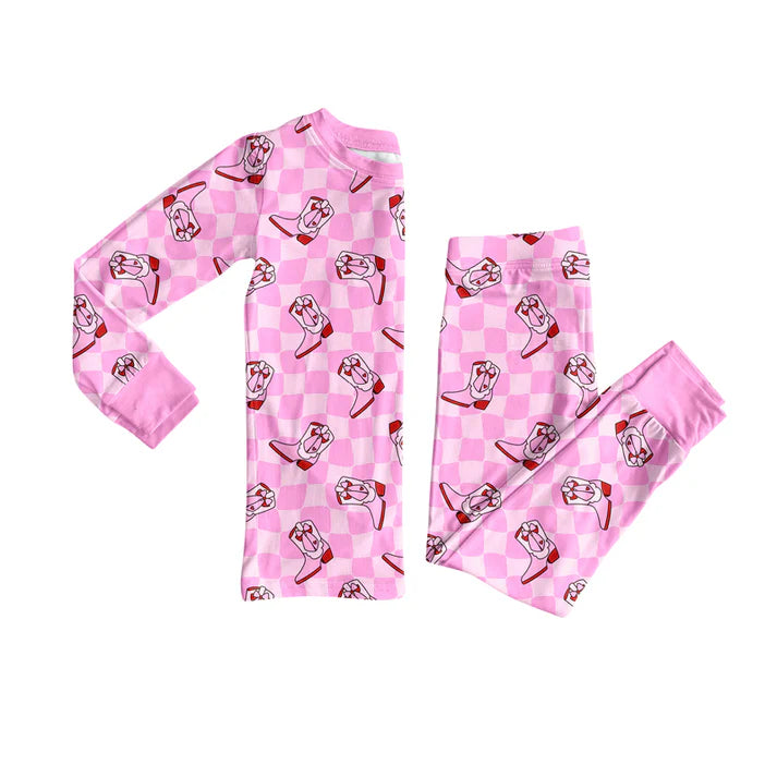 Preorder(moq 5) Baby Girls Western Pink Checkered Boots Top Pants Lounge Wear Pajamas Sets 8.8