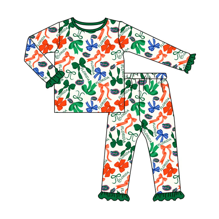 Preorder MOQ 5 Long sleeves crocodile bow kids girls team pajamas 8.27