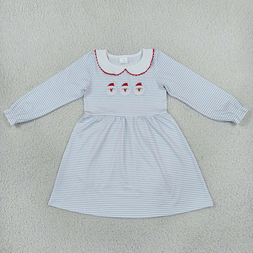 Baby Girls Dress Embroidery Santa Blue Stripe Collar Christmas Knee Length Dress GLD1673