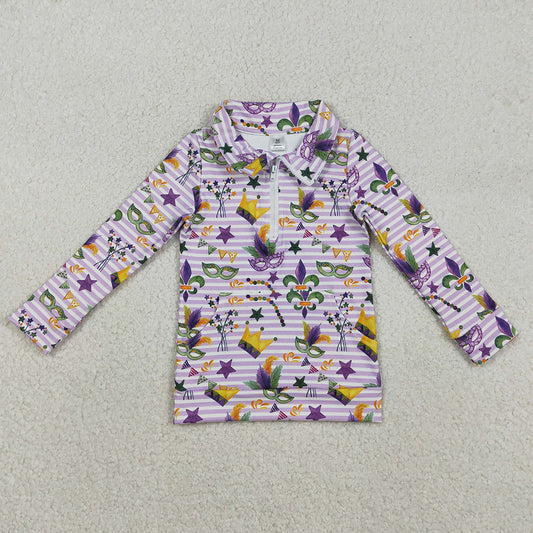 Baby Girls T-shirts Mardi Gras Stripe Anchor Mask Zipper Pockets Yoga Active Pullovers Top GT1369 11.21