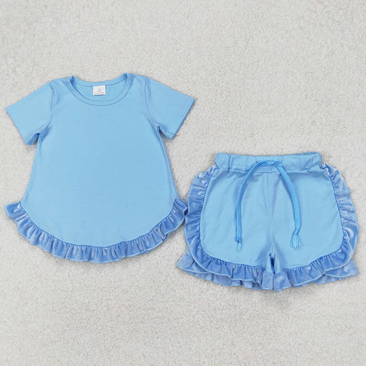 Baby Girls Clothes Blue Cotton Top Ruffle Shorts Clothes Sets GSSO2183