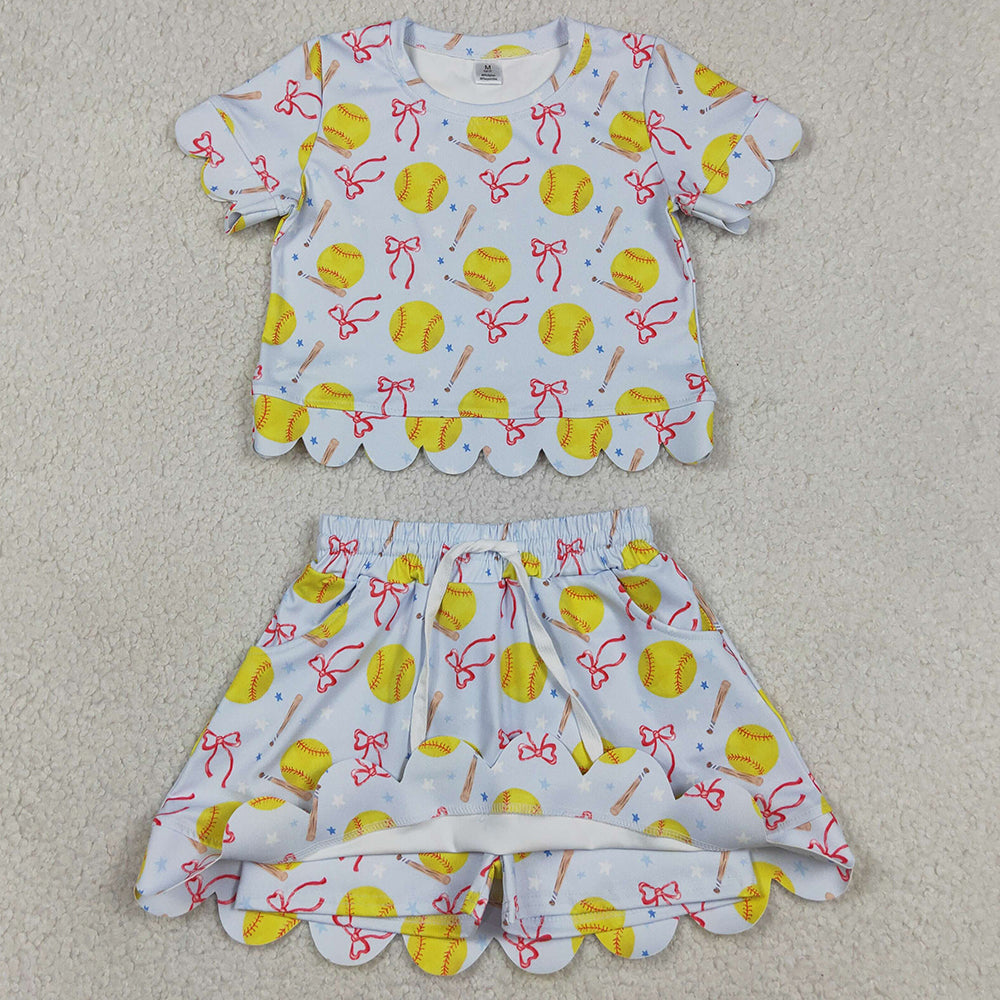 Sibling Baby Girls Bows Baseballs Softballs Top Skirt Short Team Yoga Active Scallop Clothes Sets