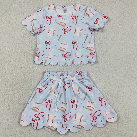 Sibling Baby Girls Bows Baseballs Softballs Top Skirt Short Team Yoga Active Scallop Clothes Sets
