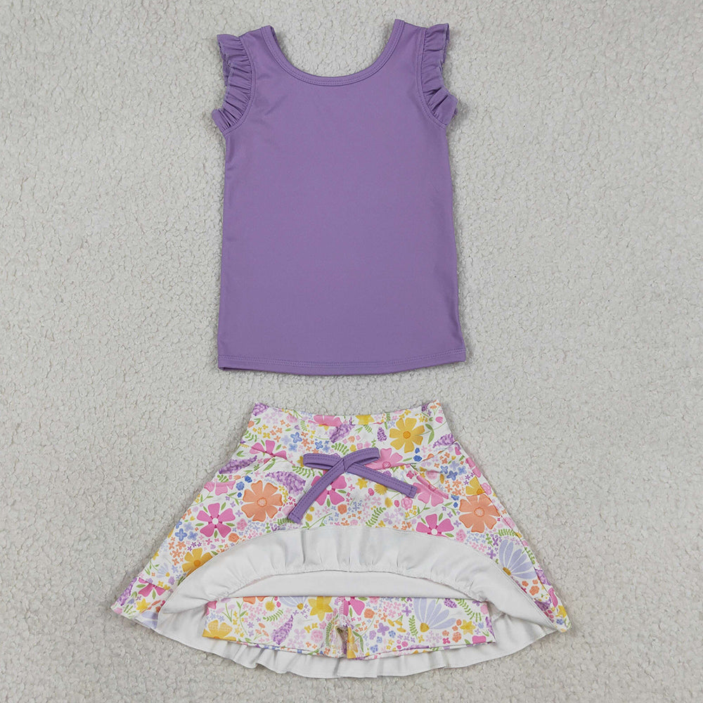 Baby Girls Clothes Purple Vest Colorful Floral Pockets Scallop Skirt Short Yoga Active Clothes Sets GSD3771