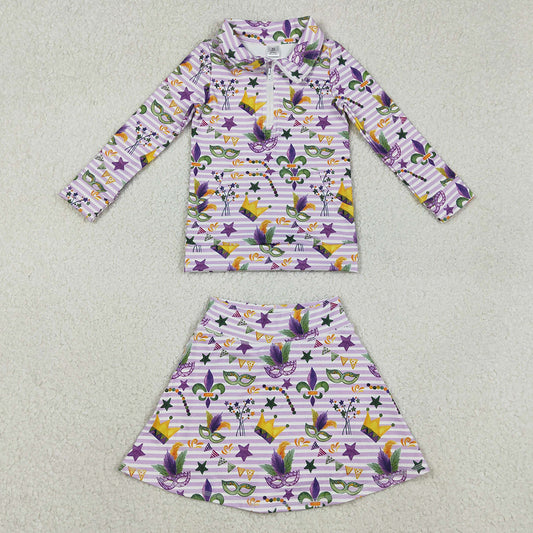 Baby Girls Mardi Gras Stripe Anchor Masks Zip Pullovers Skirt Shorts Yoga Active Clothes Set GLD1415 11.21