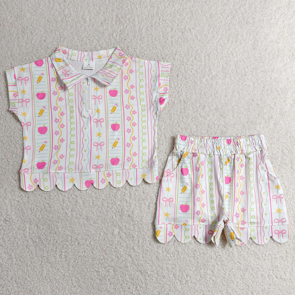 Baby Girls Clothes Pencils Flowers Zip Pullovers Top Short Back to School Scallop Clothes Sets GSSO3582