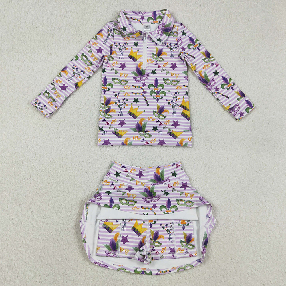 Baby Girls Mardi Gras Stripe Anchor Masks Zip Pullovers Skirt Shorts Yoga Active Clothes Set GLD1415 11.21