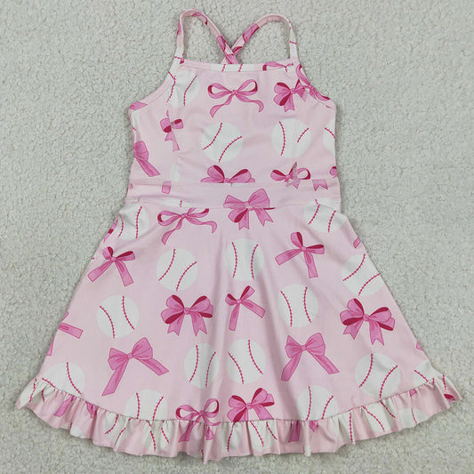 Baby Girls Clothes Strap Pink Bows Baseballs Activity Wear Yoga Knee Length Dresses GSD2567
