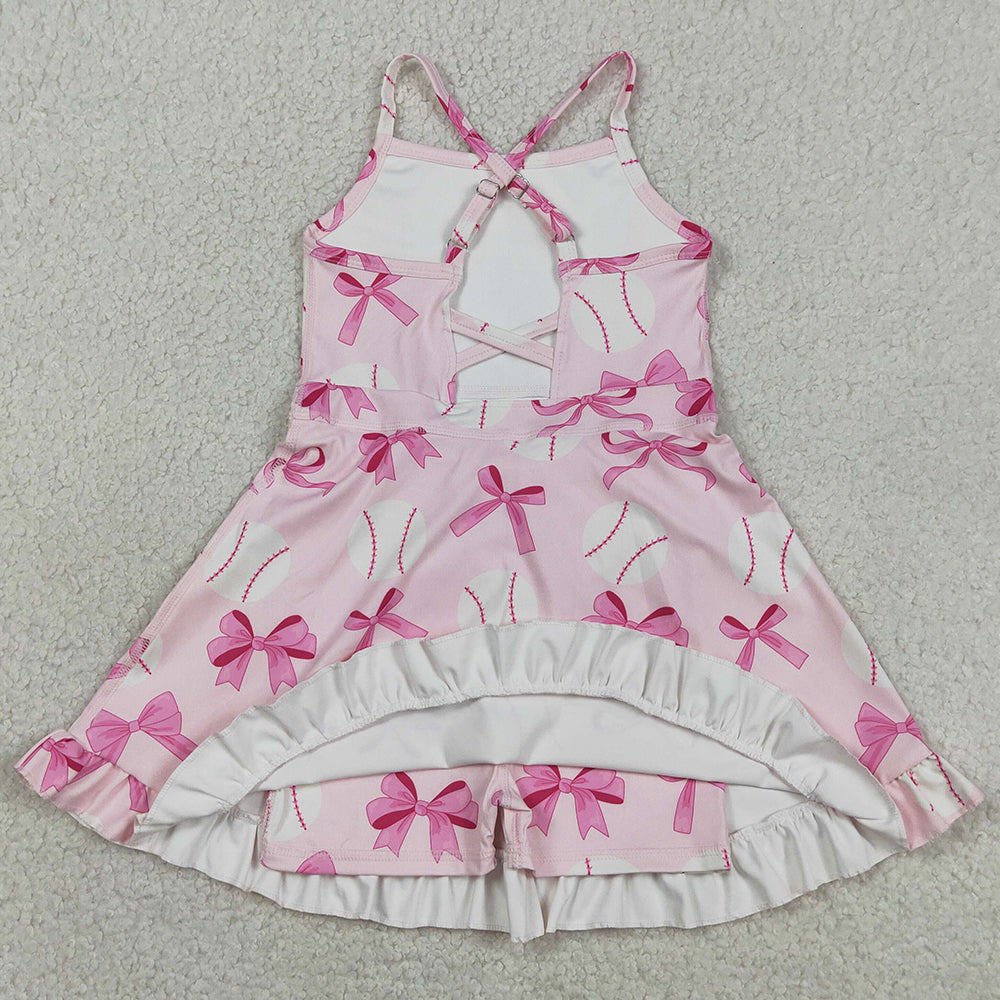 Baby Girls Clothes Strap Pink Bows Baseballs Activity Wear Yoga Knee Length Dresses GSD2567