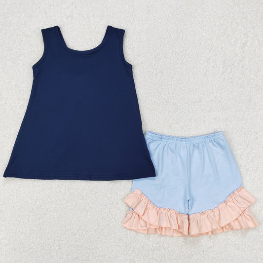 Baby Girls Clothes Navy Big Bow Back Tunic Tops Ruffle Shorts Sets GSSO2272