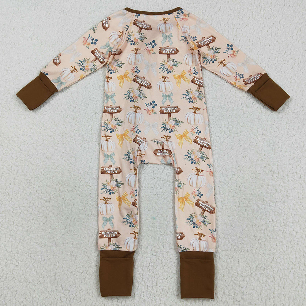 Baby Boys Rompers Fall Pumpkins Bows Fall Zipper Footie Rompers LR2462 8.16