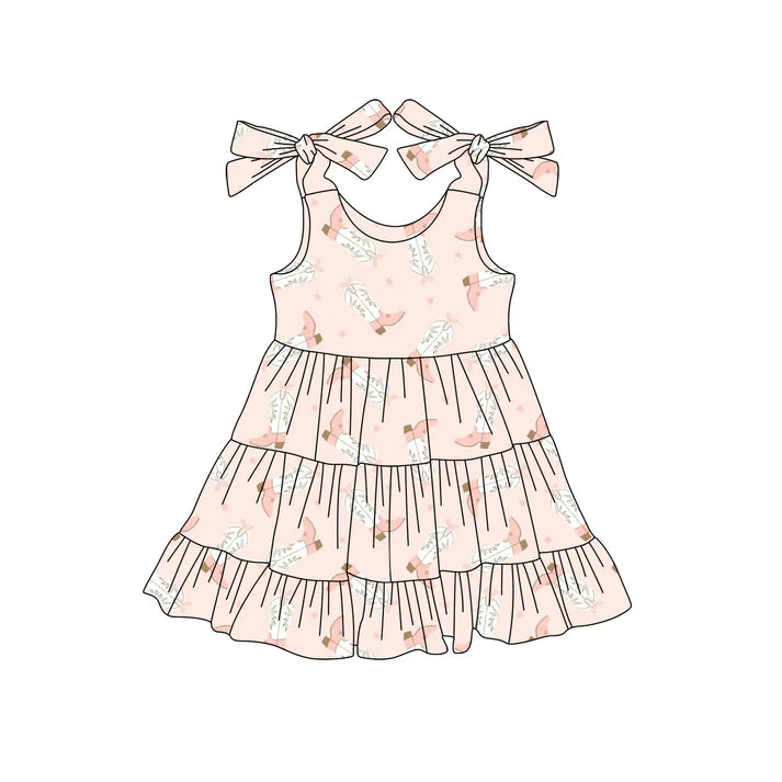Preorder (moq 5)Baby Girls Pink Bows Strap Boots Stars Knee Length Dress 4.25