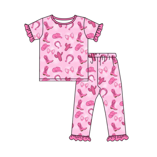 Preorder (moq 5)Baby Girls Pink Hat Boots Cactus Top Ruffle Pants Western Pajamas Sets 12.2