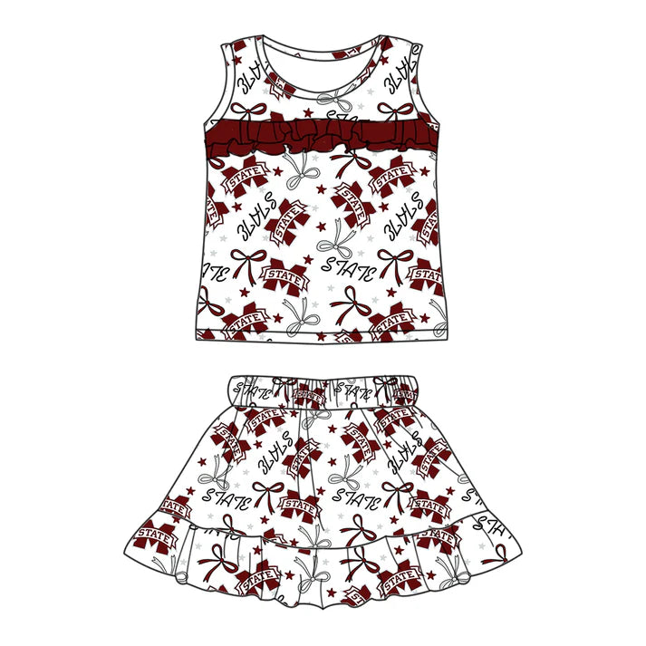 Preorder (moq 5)Baby Girls Sleeveless Brown M State Bows Stars Top Ruffle Skort Team Set 6.16