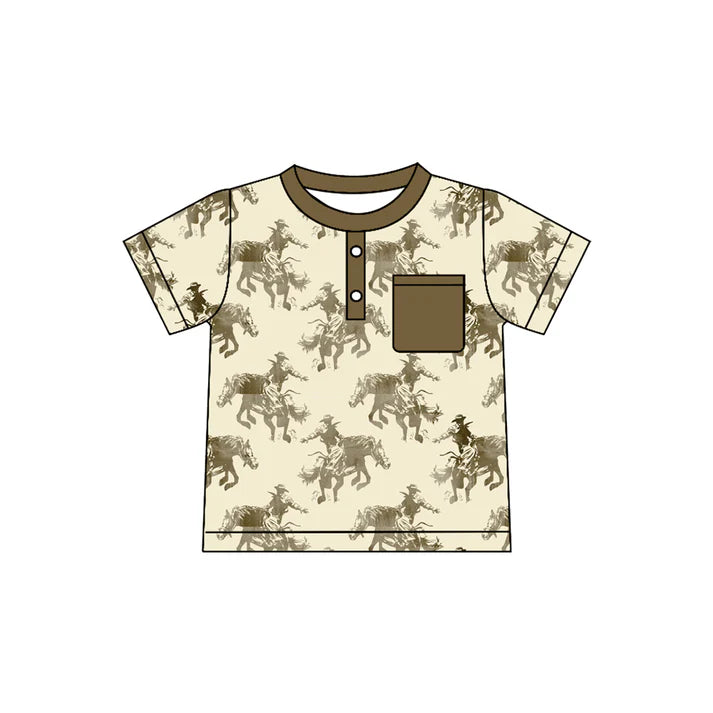 Preorder(moq 5) Baby Boys Horse Rodeos Button Pocket Western Polo Shirts Top 10.28