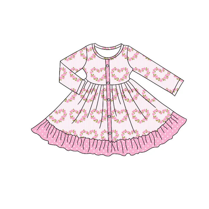 Preorder (moq 5)Baby Girls Pink Flower Hearts Button Valentine Ruffle Knee Length Dresses 9.6