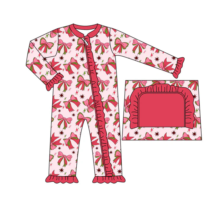 Preorder moq 5 Baby Infant Girls Long Sleeves Bows Holly Plaid Ruffle Zipper Romper 7.14