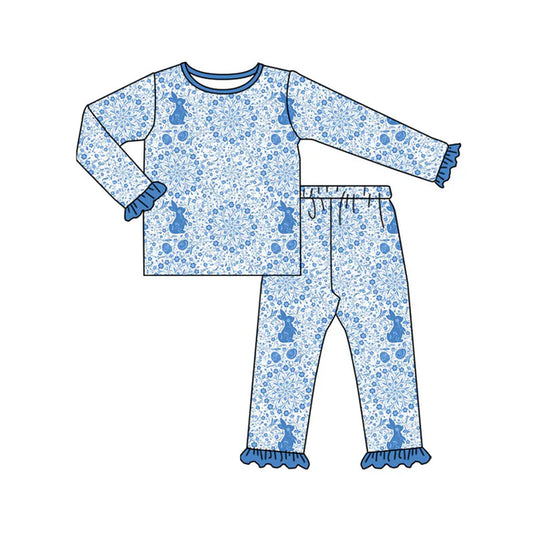 Preorder(moq 5) Baby Girls Blue Floral Rabbits Eggs Top Ruffle Pants Easter Pajamas Sets 11.4