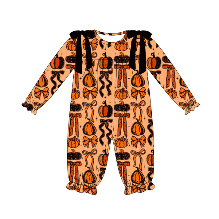 Preorder (moq 5)Baby Girls Long Sleeves Pumpkins Bows Plaid Ruffle Pant Romper 7.5