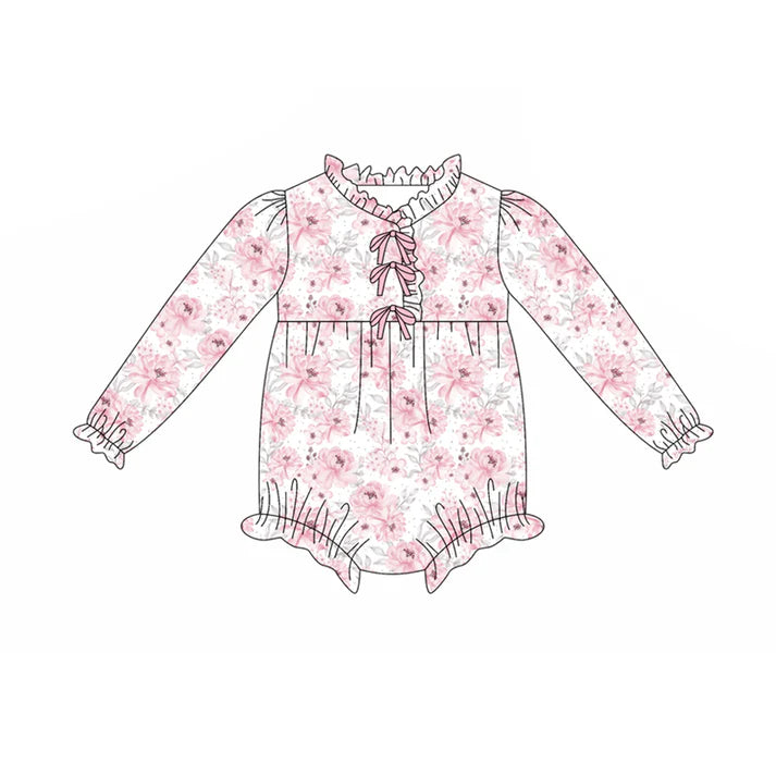 Preorder(moq 5)Baby Infant Girls Pink Flowers Plaid Button Ruffle Rompers 7.29