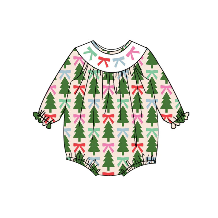 Preorder (moq 5)Baby Girls Long Sleeves Red Green Bows Trees Ruffle Romper 7.5