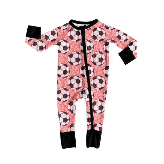 Preorder (moq 5)Baby Girls Leopard Footballs Team Zipper Footie Rompers 10.15