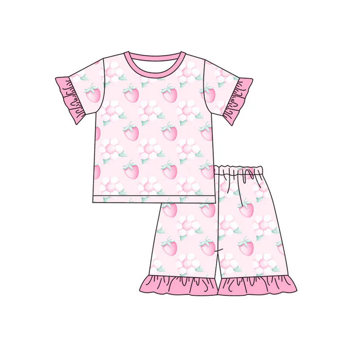 Preorder(moq 5) Baby Girls Pink Flowers Strawberry Top Ruffle Shorts Pajamas Set 11.12