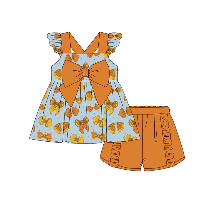 Preorder moq 5 Baby Girls Flutter Sleeves Orange Bows Tunic Ruffle Short Set 4.19