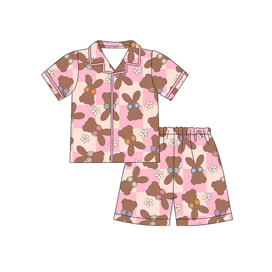 Preorder (moq 5)Baby Girls Pink Checked Flowers Rabbits Button Top Shorts Easter Pajamas Sets 12.13