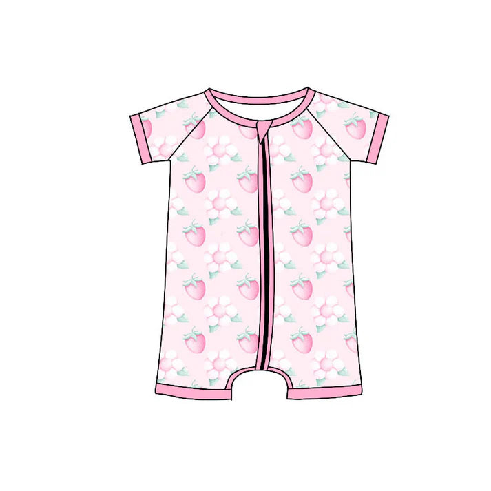 Preorder (moq 5)Baby Girls Short Sleeve Pink Flowers Strawberry Zipper Rompers 11.4