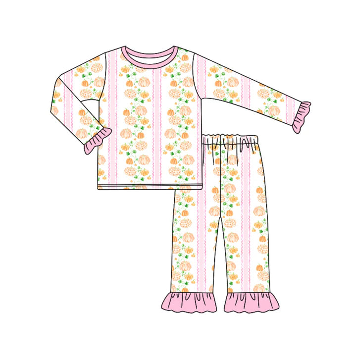 Preorder (moq 5)Baby Girls Long Ruffle Sleeves Pink Pumpkins Stripe Top Pant Pajamas Set 6.18