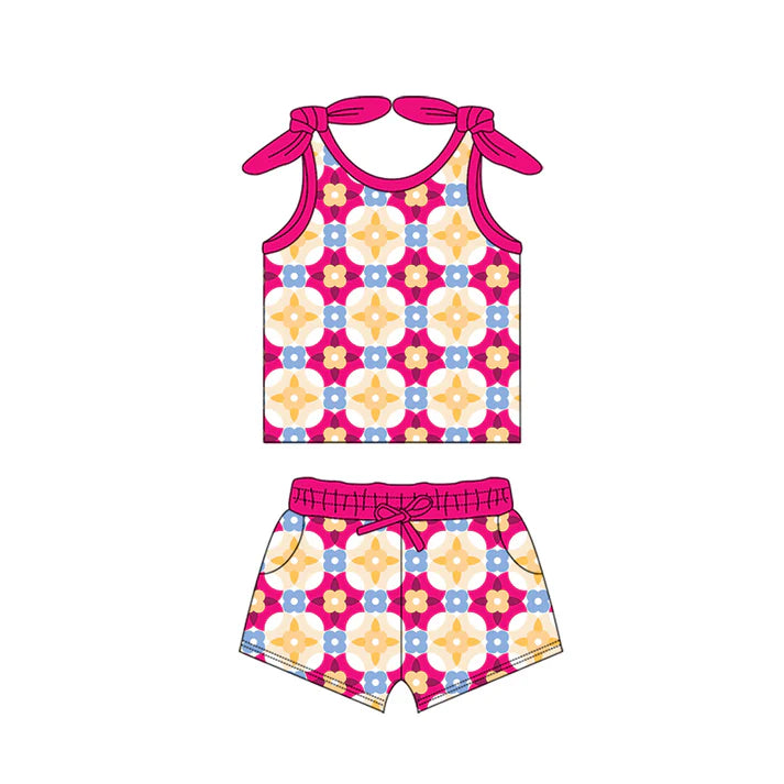 Preorder moq 5 Baby Girls Bows Sleeveless Flowers Plaid Top Pockets Short Set 4.15