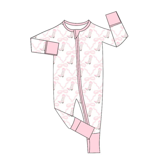 Preorder (moq 5)Baby Boys Pink Bows Boots Checked Zipper Footie Rompers 10.18