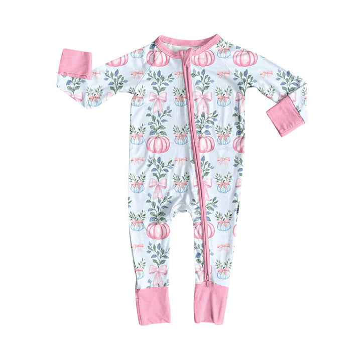 Preorder (moq 5)Baby Girls Long Sleeves Pink Bows Pumpkins Plaid Zipper Romper 7.5